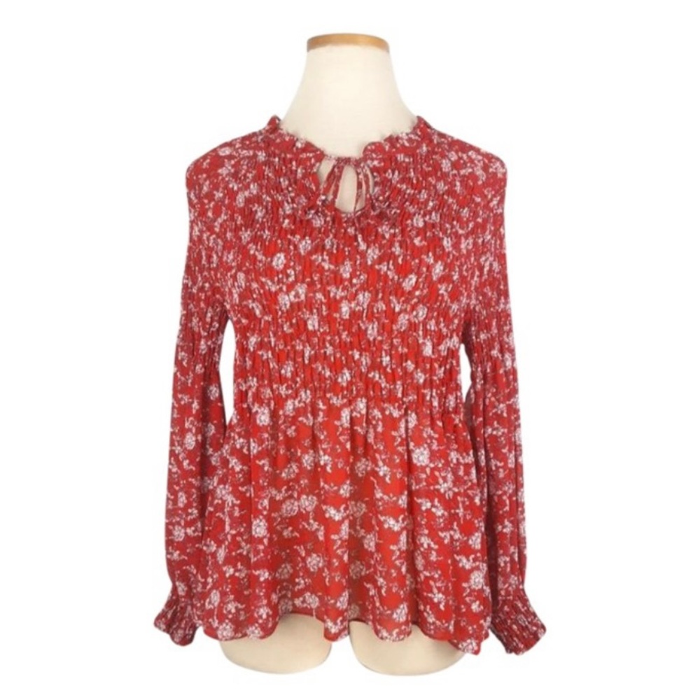 Rose + Olive Red & Cream Floral Long Sleeve Smocked Blouse Top